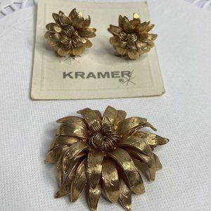 Vintage Kramer Brooch w Clip Earring Jewelry Set Brushed Gold Tone Flower 3D
